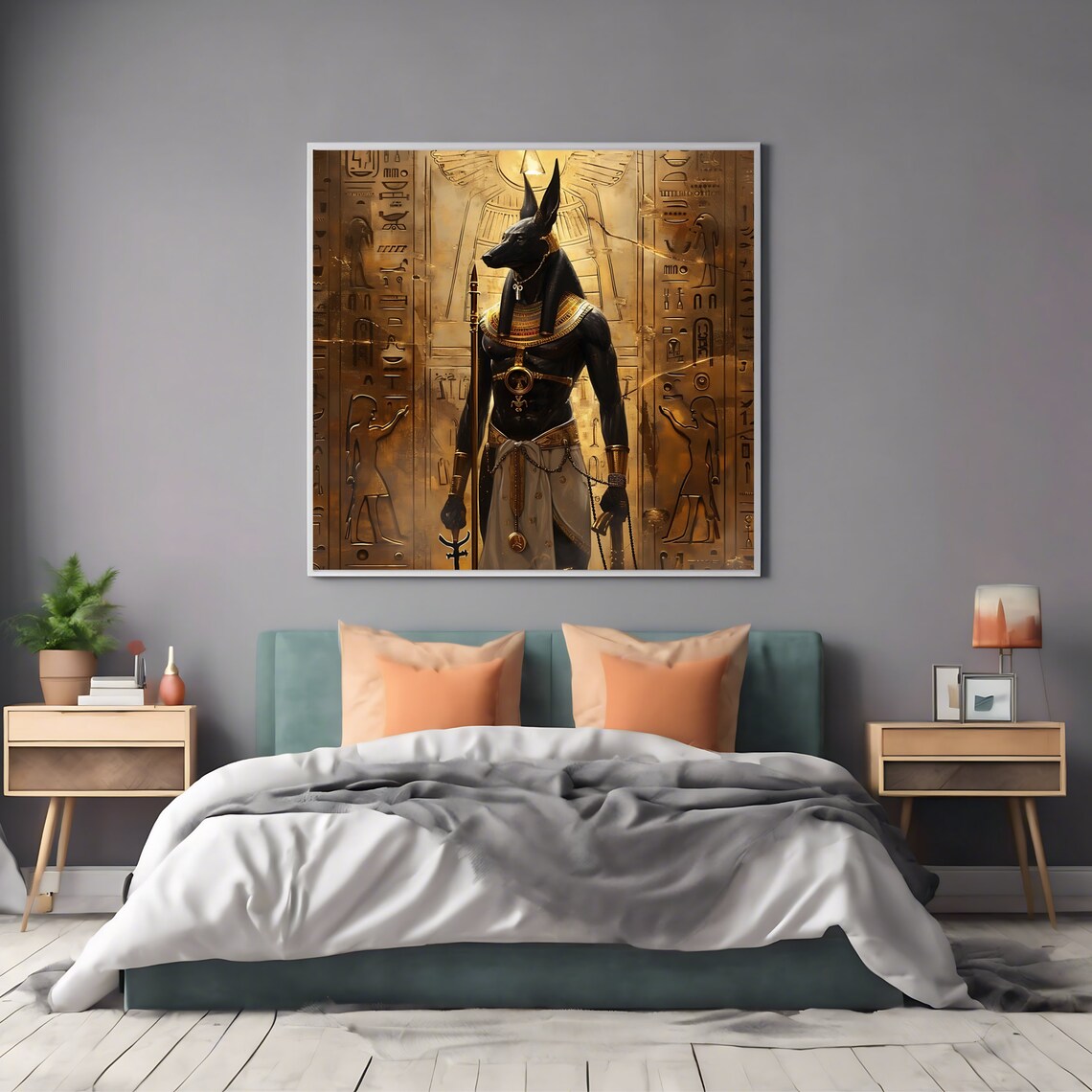 Anubis Egyptian God Golden Hieroglyphs Mythology Art Print Poster - Image 2