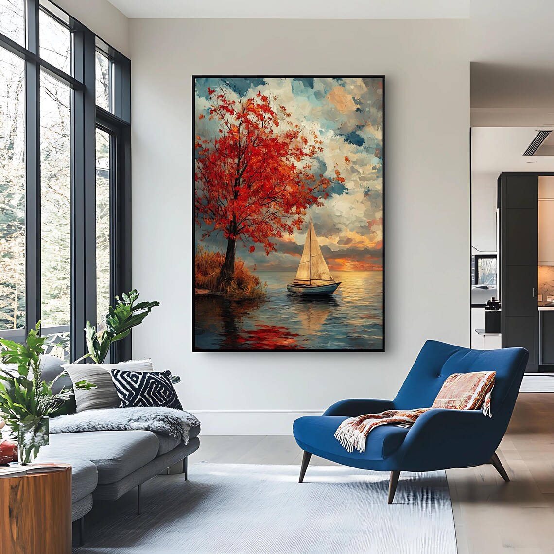 Autumn Lake Art Print, Serene Sailboat Landscape - Image 2
