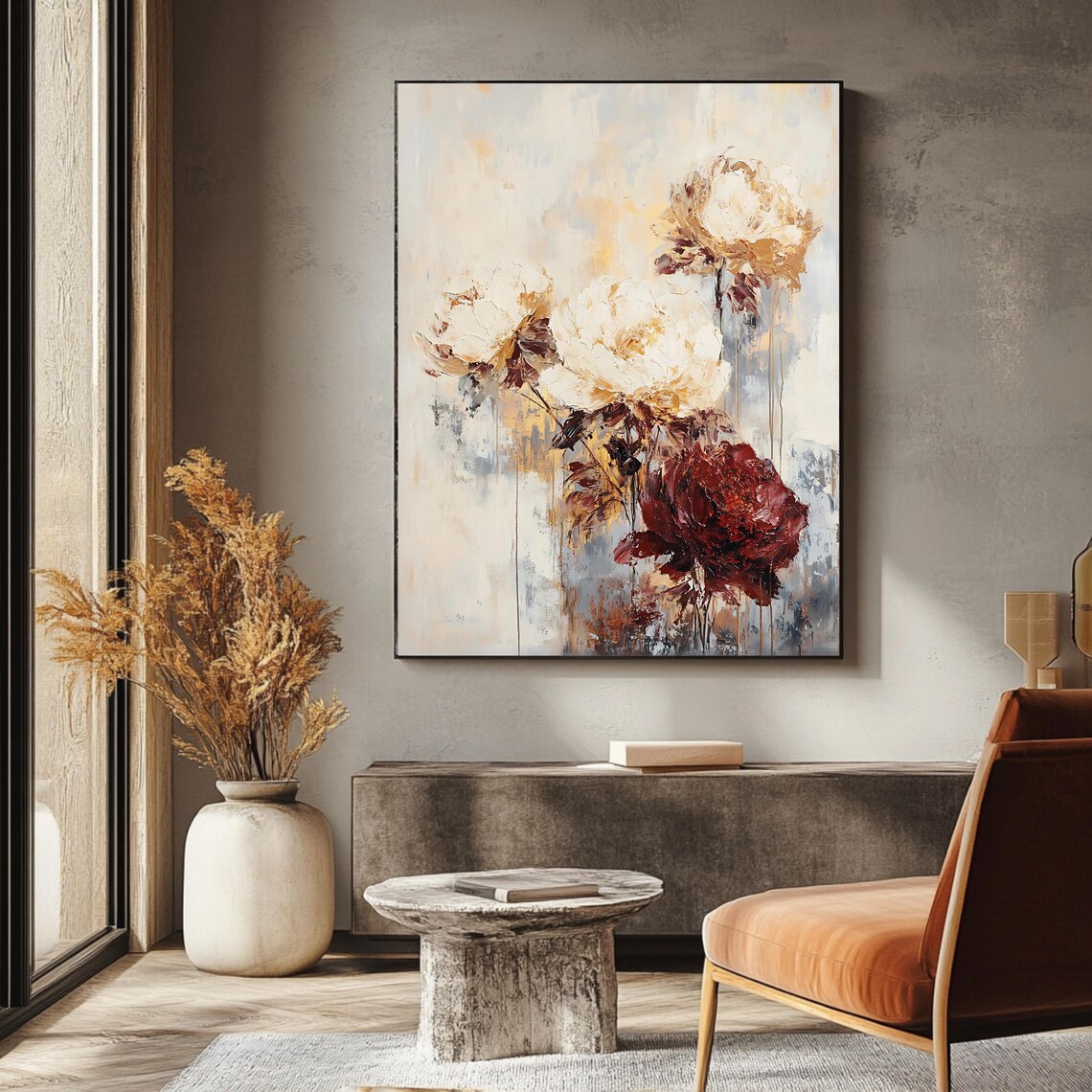 Vintage Peony Blossoms Cream Burgundy Abstract Floral Painting Poster - Image 3
