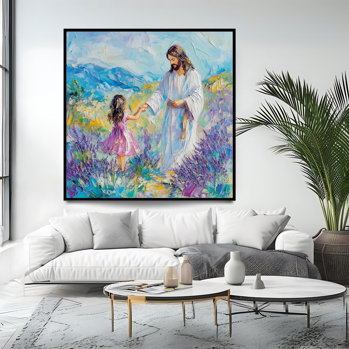 Jesus Christ Holding Child Hand Walking Lavender Field Faith Art Poster - Image 4
