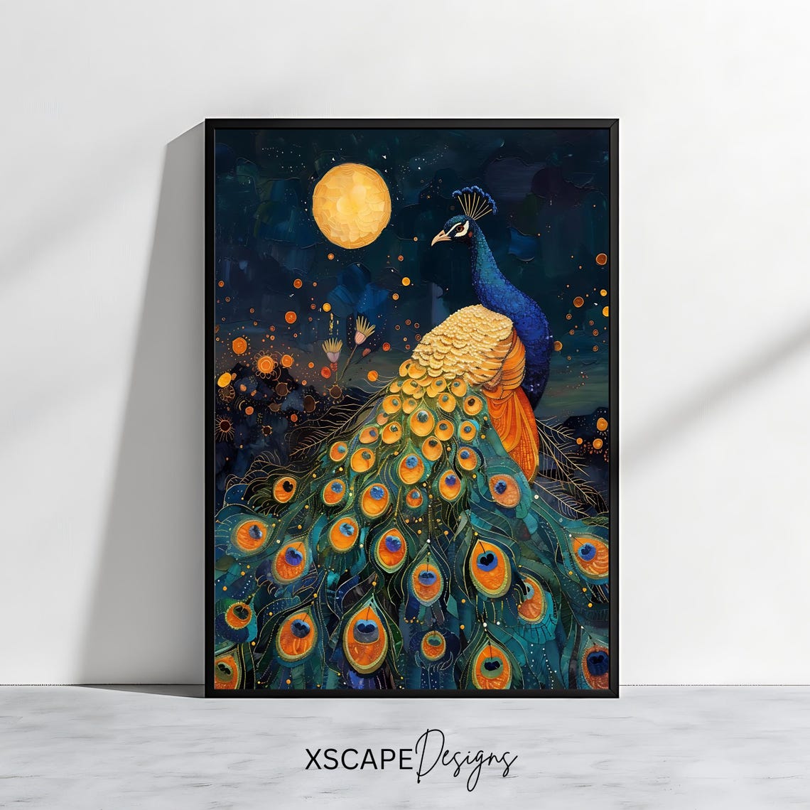Moonlit Peacock Golden Feathers Full Moon Night Sky Elegant Bird Print