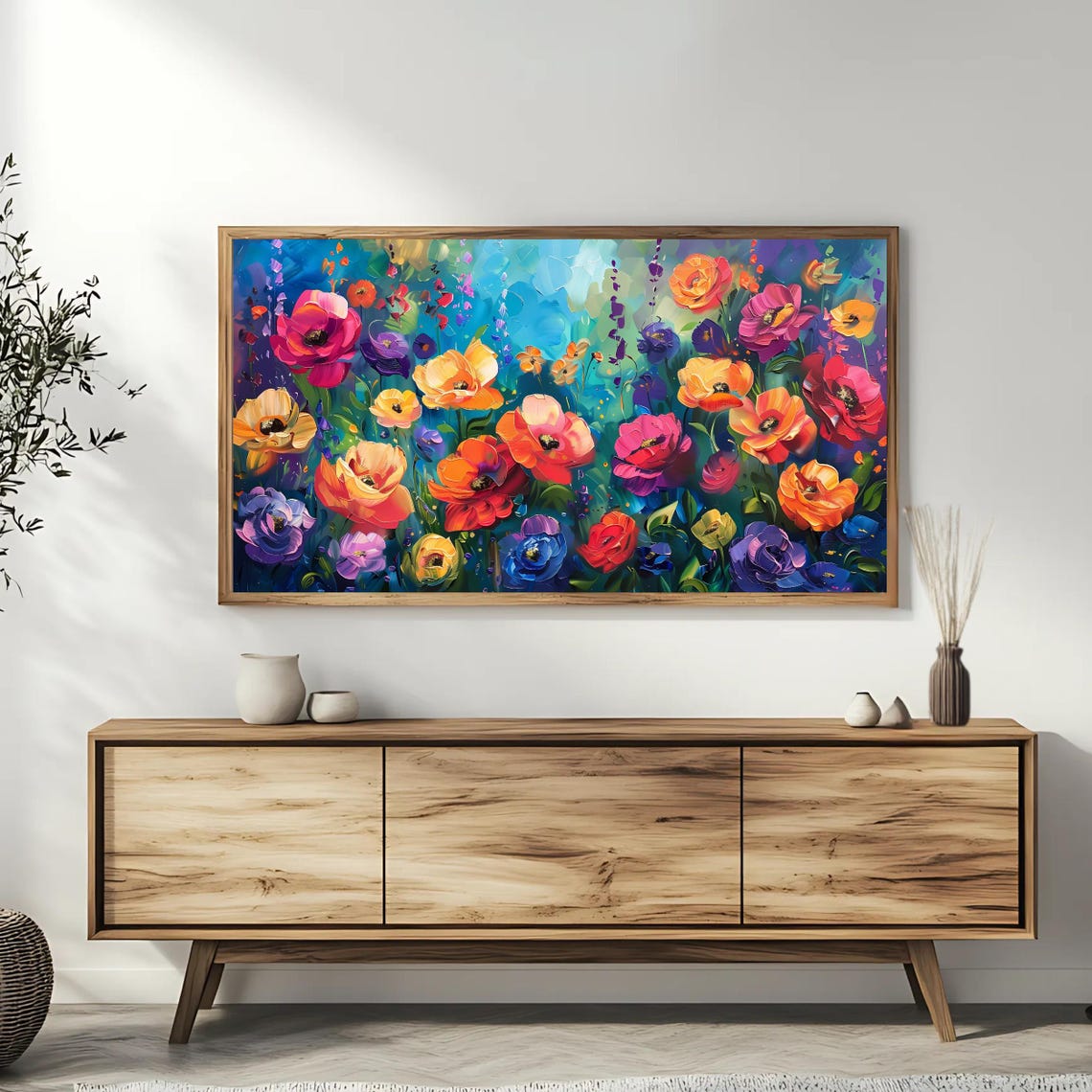 Colorful Poppies Flower Field Teal Background Vibrant Bloom Art Poster - Image 3
