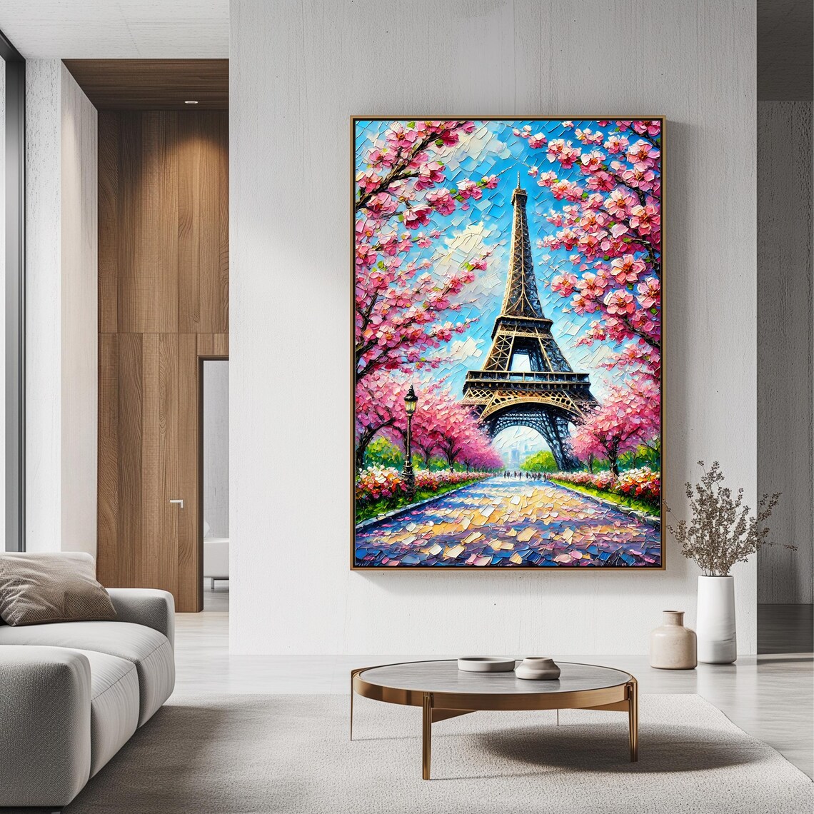 Eiffel Tower Art, Cherry Blossom Paris Landscape - Image 3