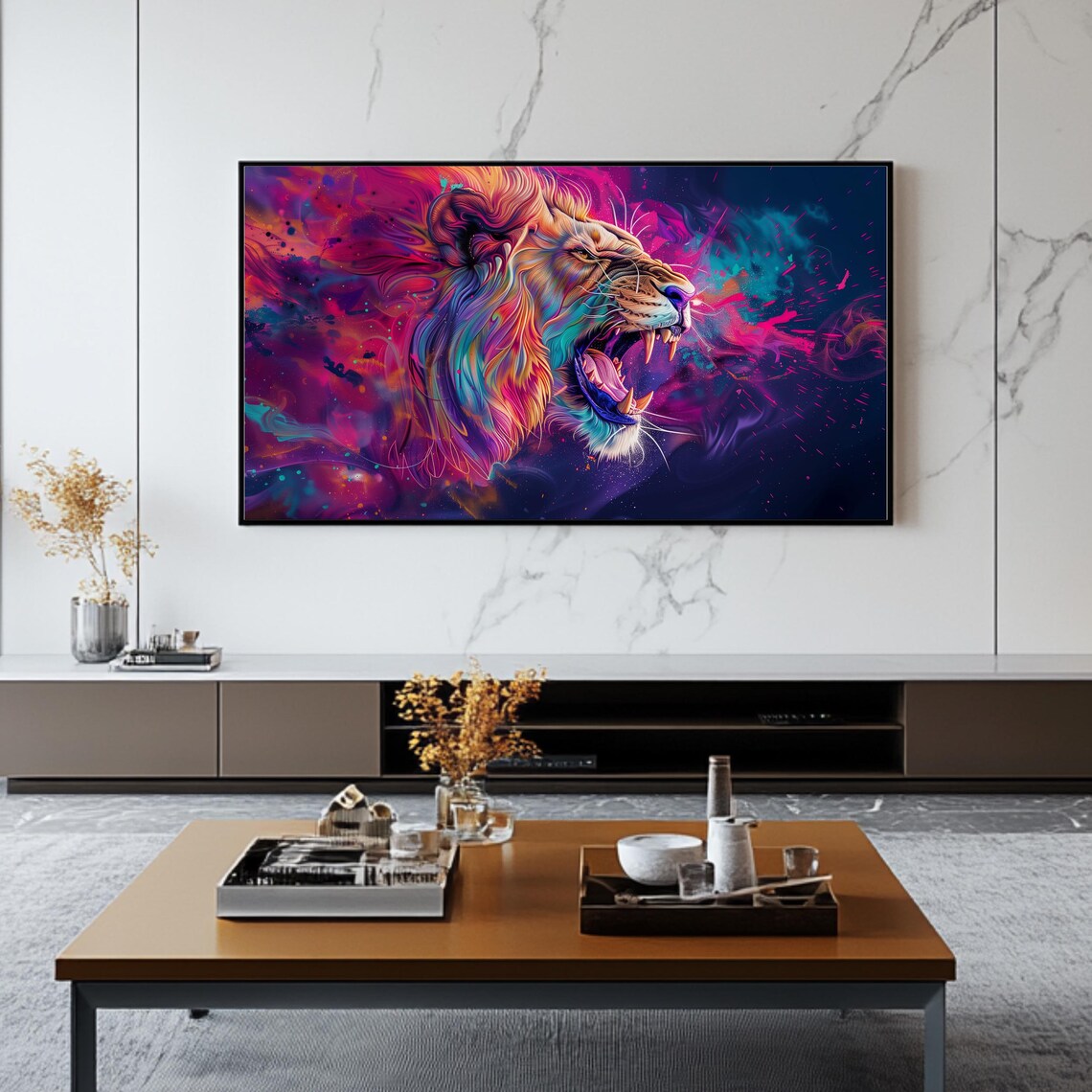 Roaring Lion Neon Abstract Wildlife Power Modern TV Art Poster - Image 2