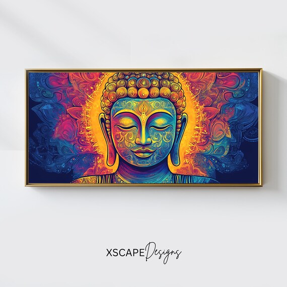 Vibrant Psychedelic Buddha Mandala Colorful Panoramic Spiritual Wall Art