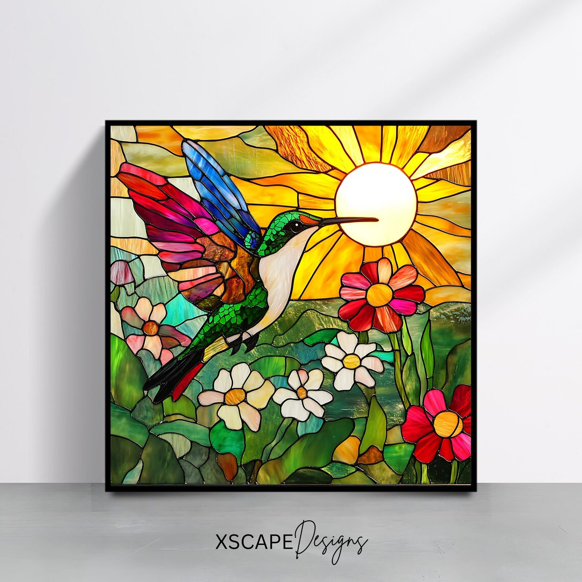 Stained Glass Hummingbird Sun Flowers Colorful Nature Wall Art Poster