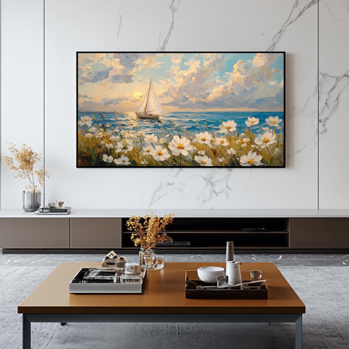 Sailboat At Sunset Ocean Daisies Coastal Seascape Nautical Art Poster - Image 2