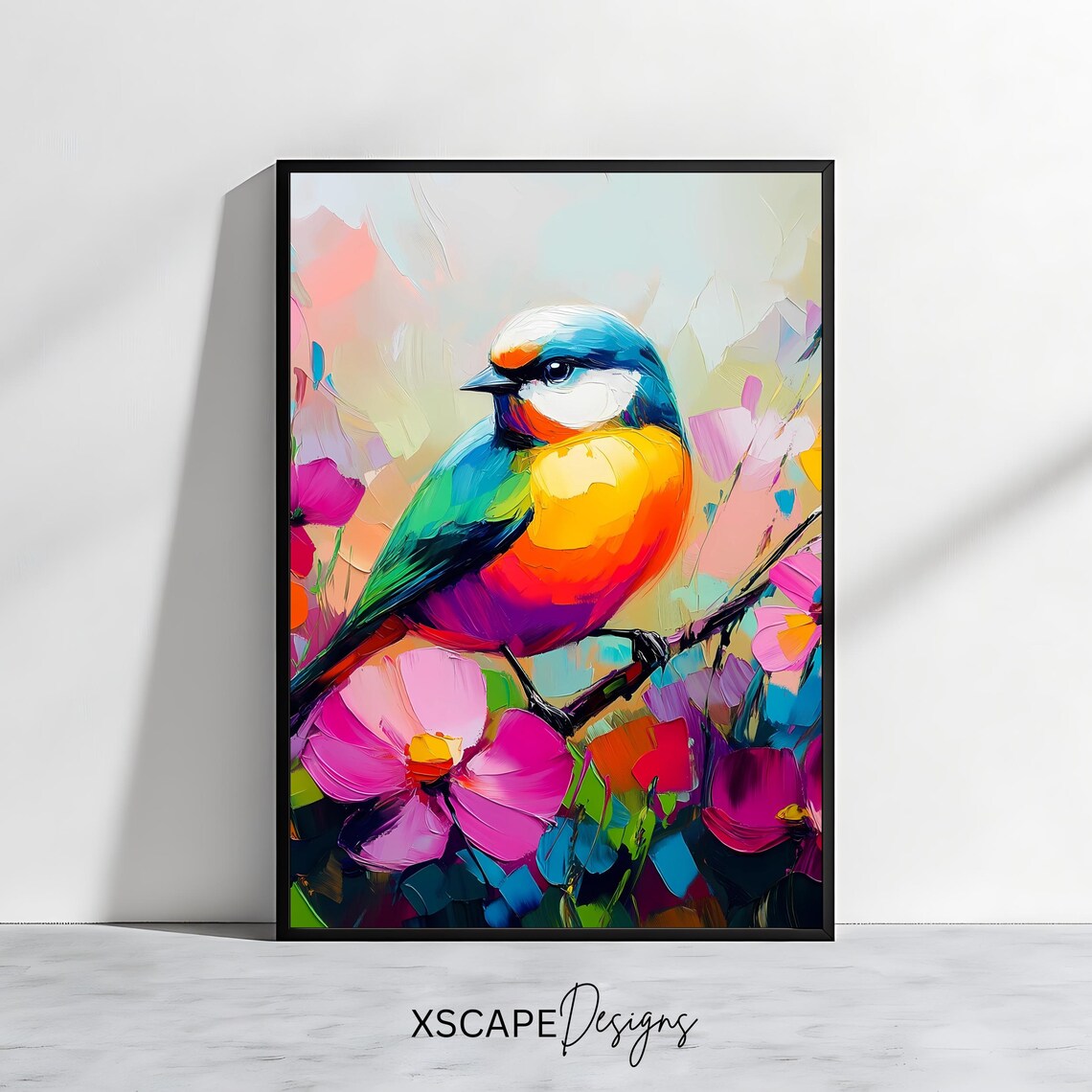 Rainbow Songbird Among Pink Cosmos Flowers Colorful Nature Wall Art