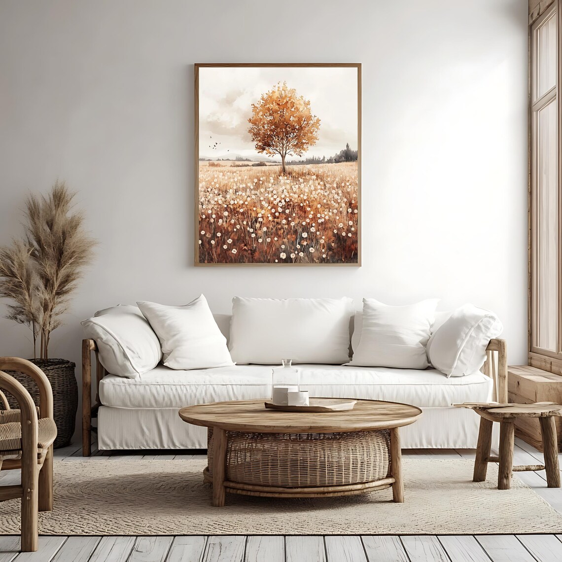 Golden Autumn Tree In Wildflower Field Watercolor Fall Meadow Poster - Image 4