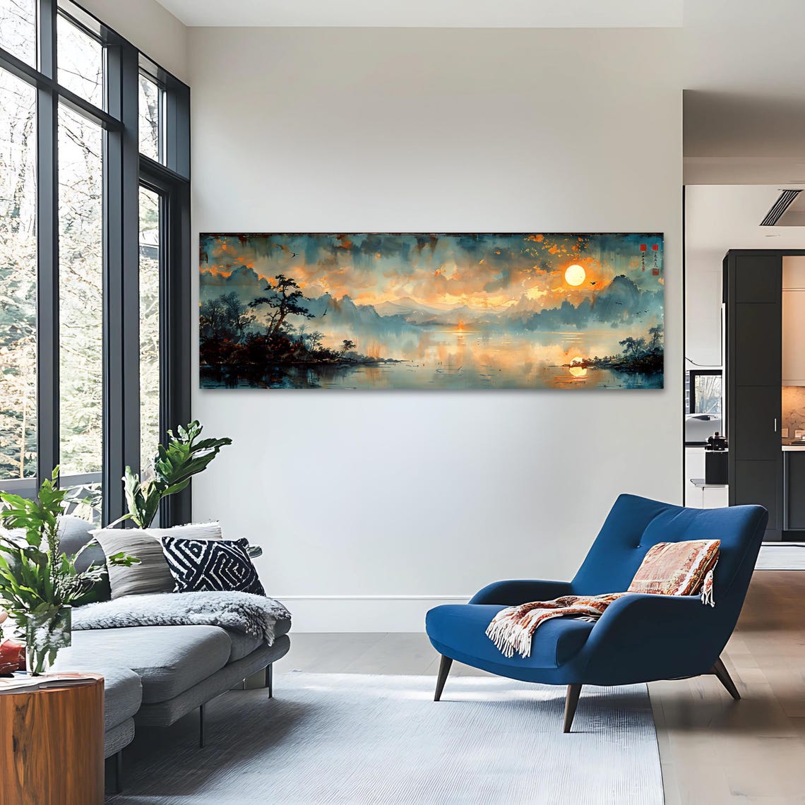 Sunset Landscape Wall Art Long Horizontal Narrow Print Elegant Nature Artwork For Above Couch Or Bed - Image 3