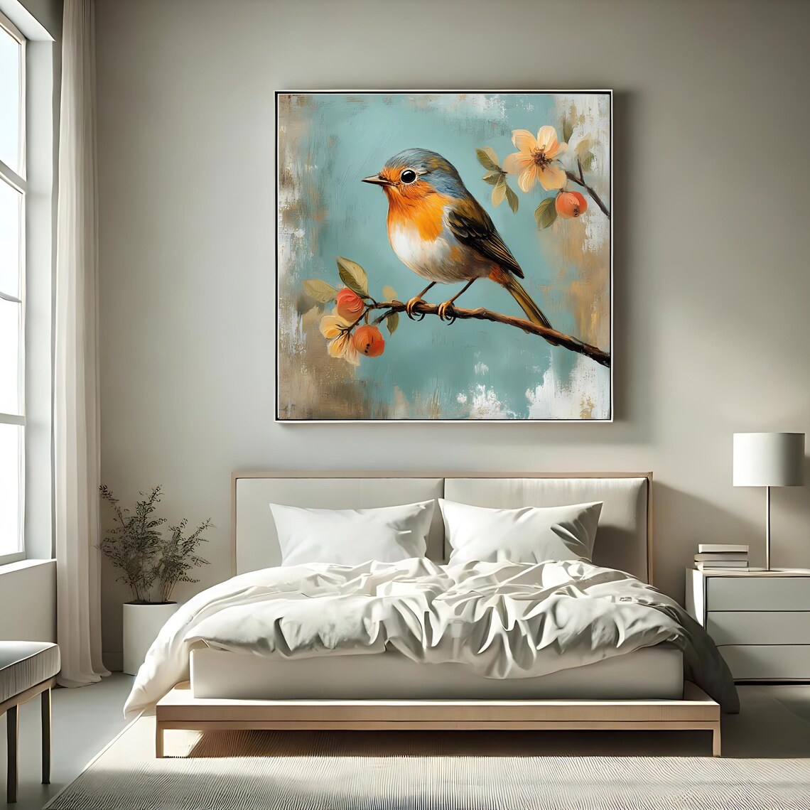 Robin Bird Perched On Berry Branch Vintage Nature Painting Wall Poster - Image 2