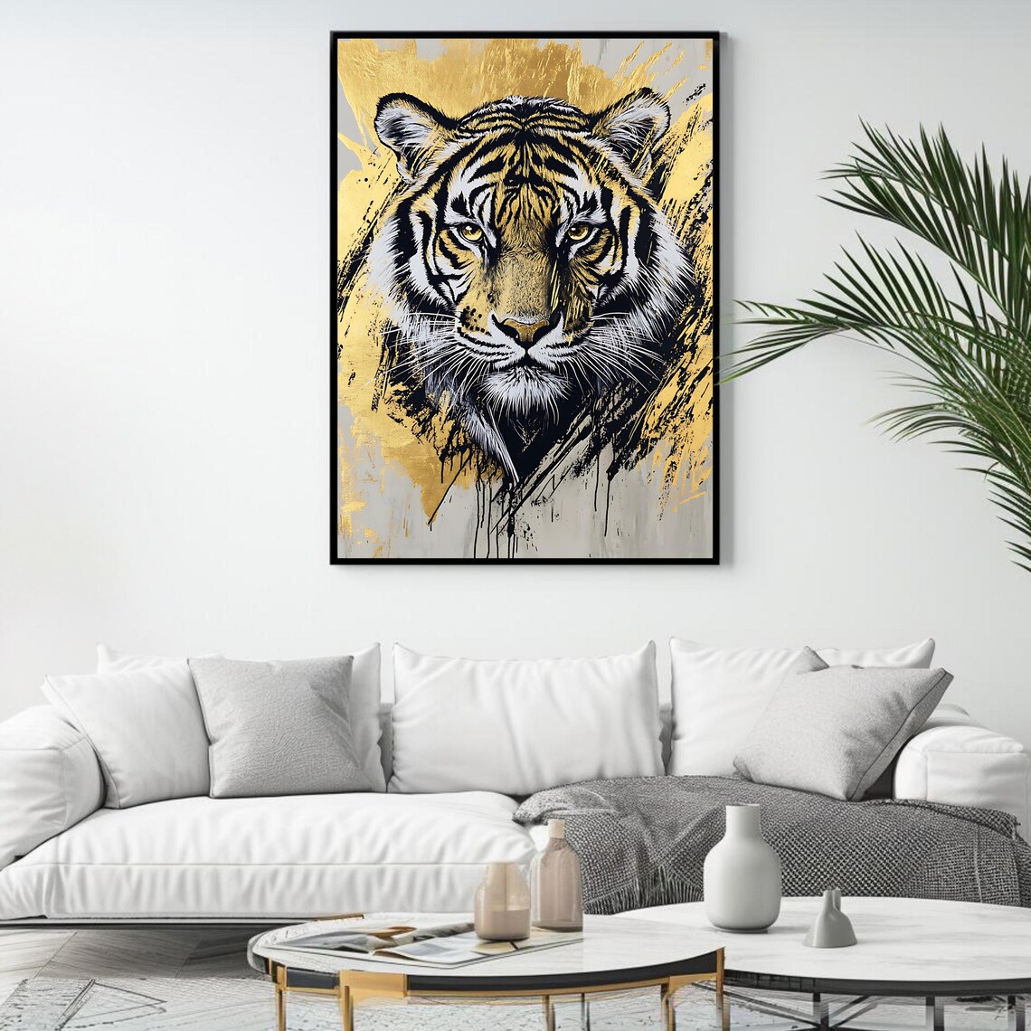 Majestic Tiger Portrait Black Gold Ink Wildlife Modern Animal Art Print - Image 4