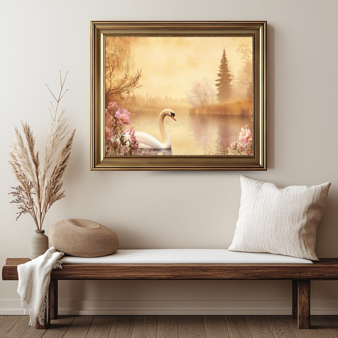 Serene White Swan Misty Golden Lake Floral Romantic Nature Poster - Image 2