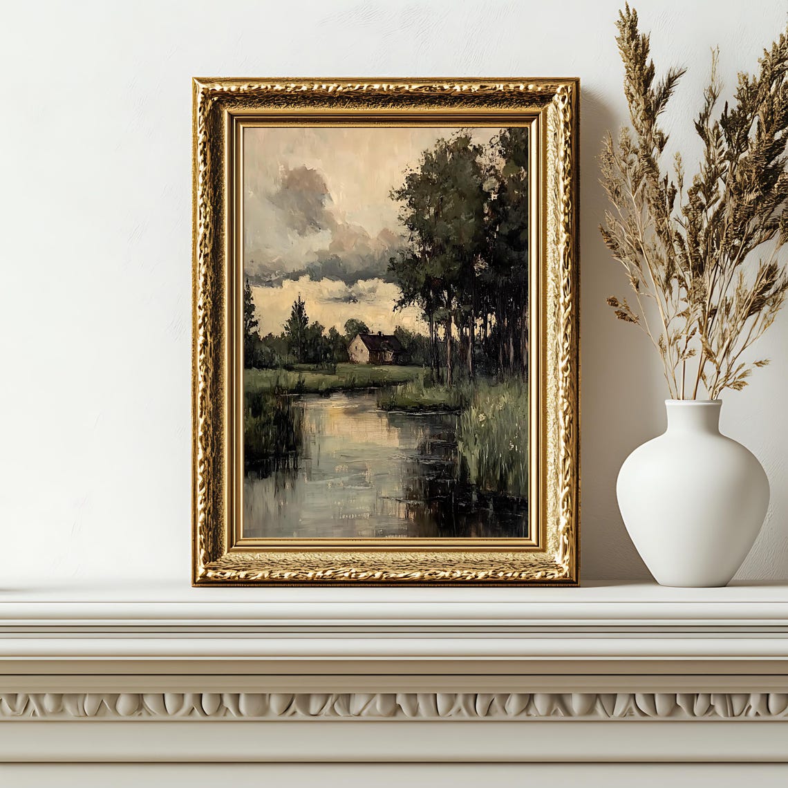 Vintage Moody Landscape Art Print Rustic Countryside Wall Decor Farmhouse Pond Scene Artwork - Image 2