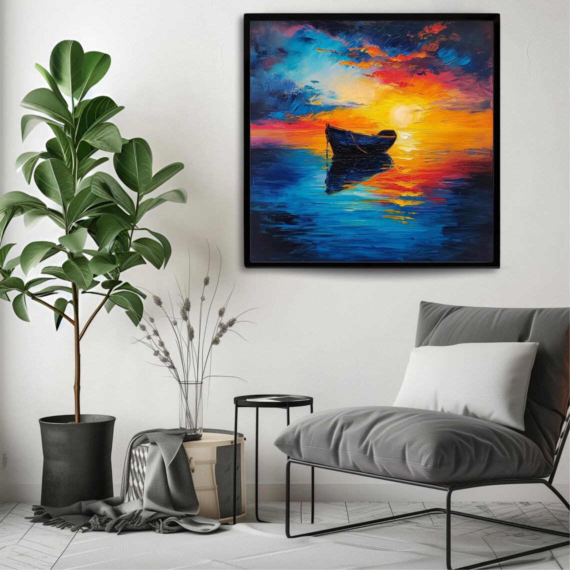 Sunset Rowboat Calm Sea Golden Reflection Blue Orange Ocean Art Poster - Image 3
