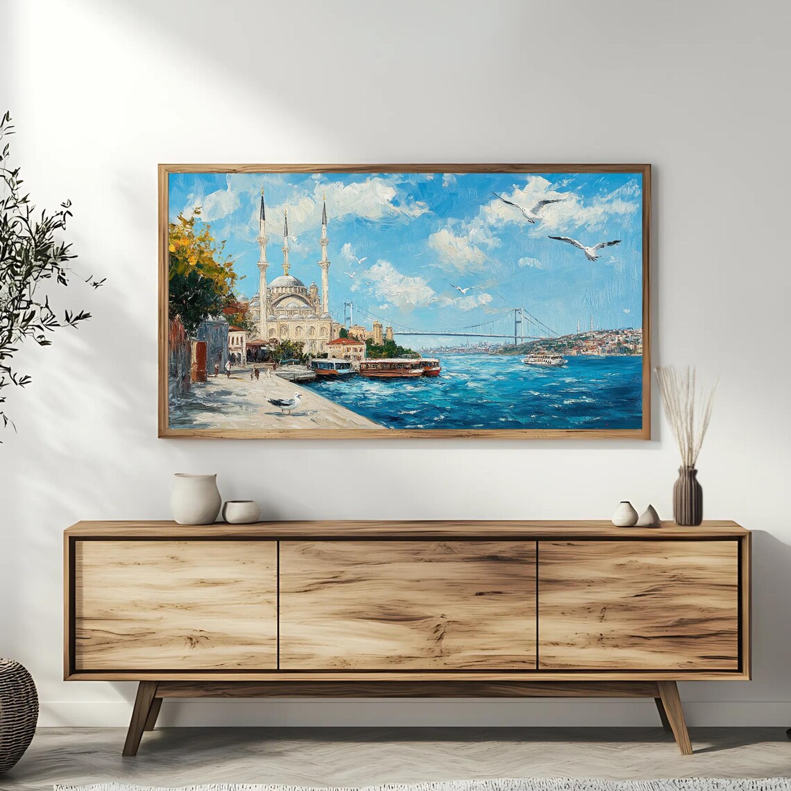 Istanbul Bosphorus Waterfront Mosque Bridge Seagulls Painting Poster - Image 3