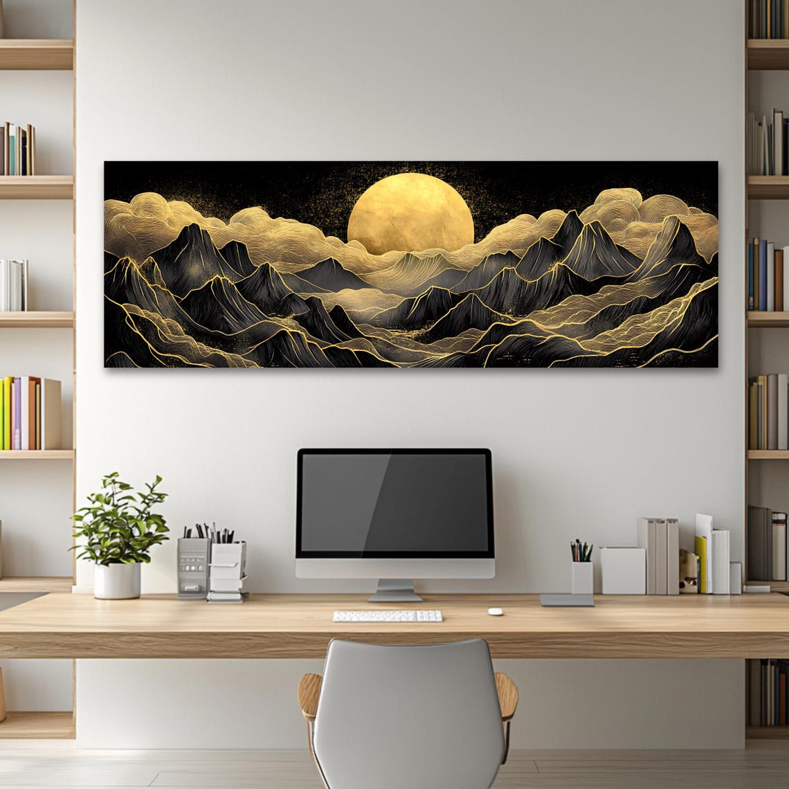 Golden Moon Mountain Wall Art Long Horizontal Narrow Print Modern Abstract Landscape Artwork For Above Couch Or Bed - Image 2