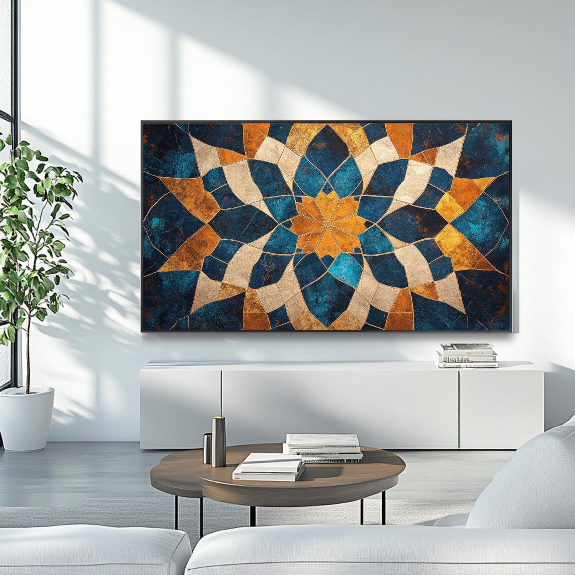 Blue And Gold Islamic Geometric Star Mosaic Pattern Decorative Poster - Image 4
