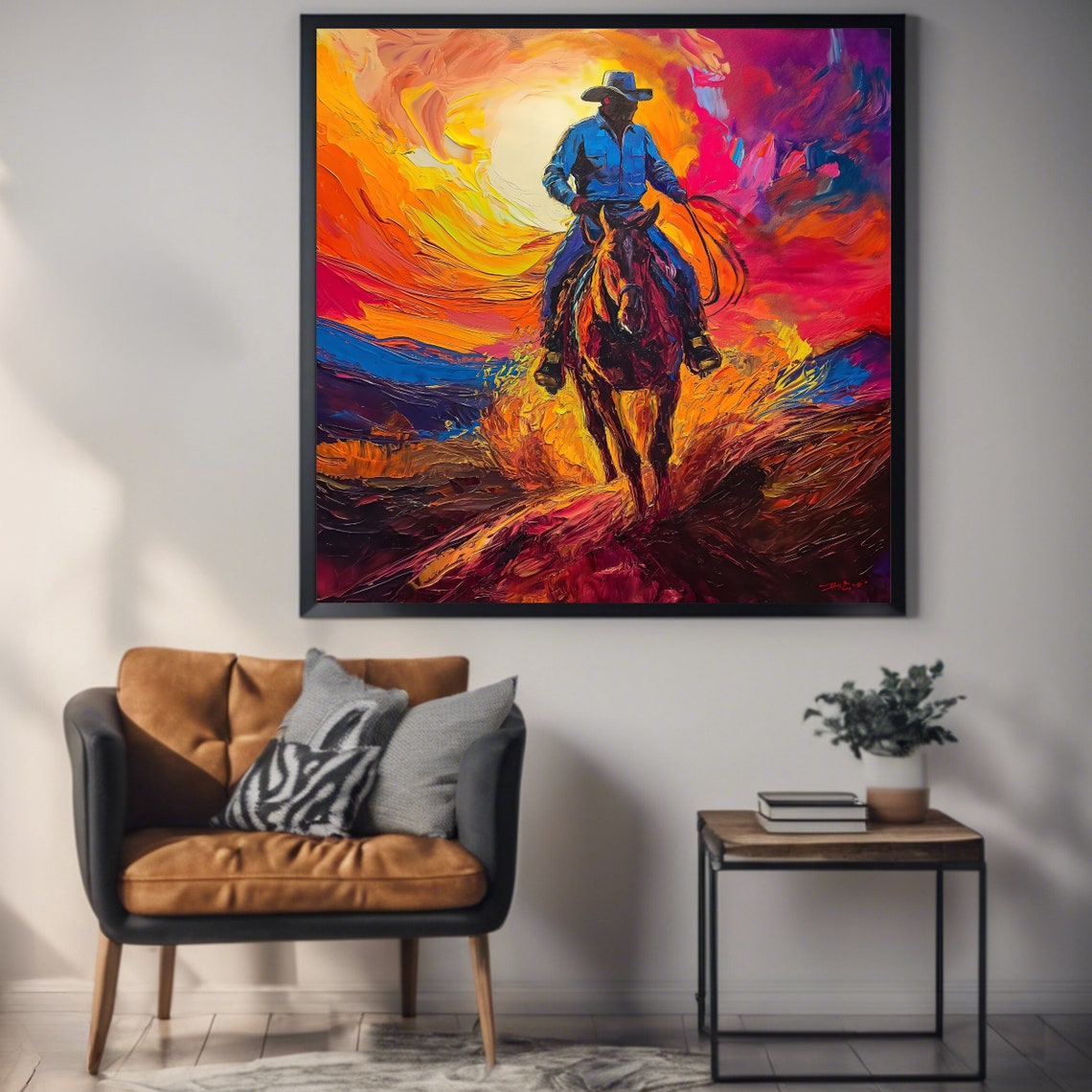 Cowboy Sunset Wall Art Print Western Square Artwork Poster - Image 3