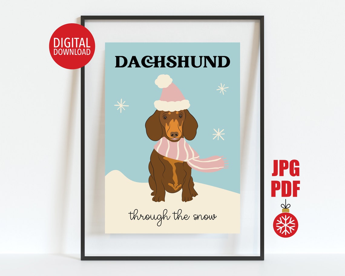 Dachshund Through The Snow Cute Pink Santa Hat Christmas Dog Poster