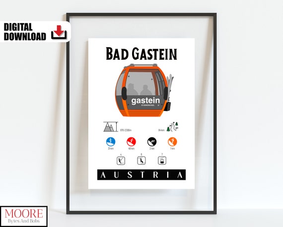 Austria Ski Resort Poster Travel Wall Art Ski Gondola Bad Gastein Ski Resort Print Cable Car Poster
