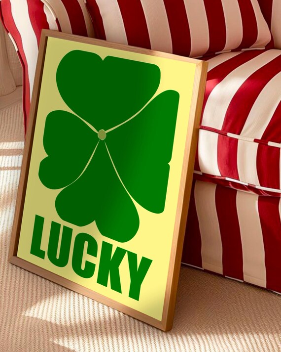 Lucky Green Four Leaf Clover Typography St Patricks Retro Poster
