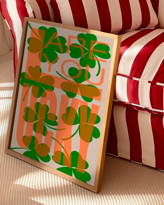 Are You Lucky Orange Typography Shamrock Clover Maximalist Wall Poster