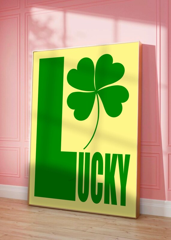 Lucky Green Clover Yellow Poster Bold Block Letters Maximalist Decor