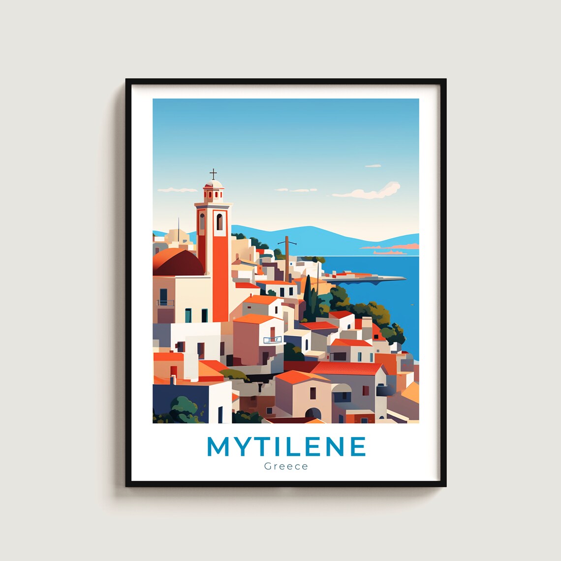 Mytilene Greece Harbor Town Bell Tower Colorful Travel Poster