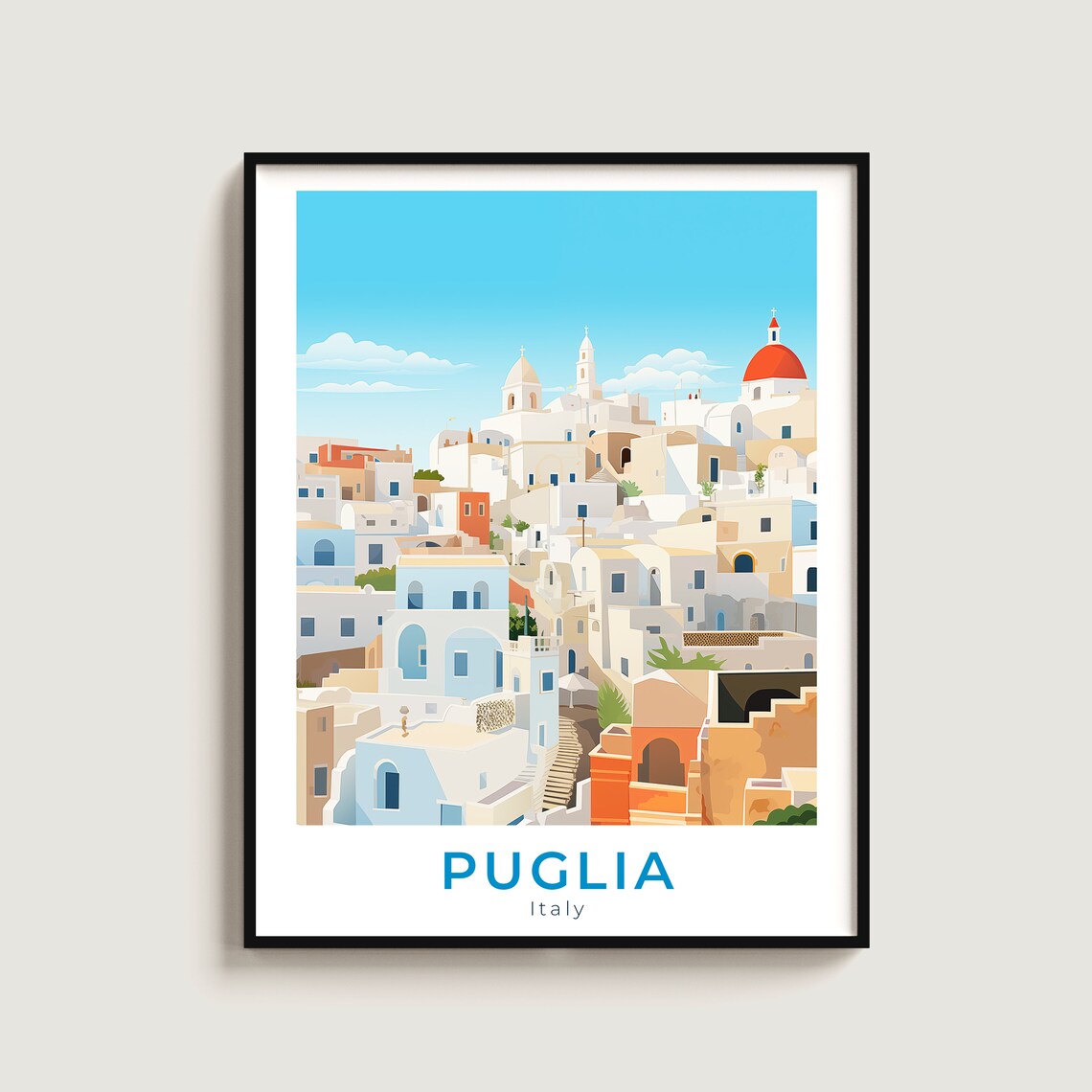 Puglia Italy White Old Hilltop Town With Red Dome Church Poster