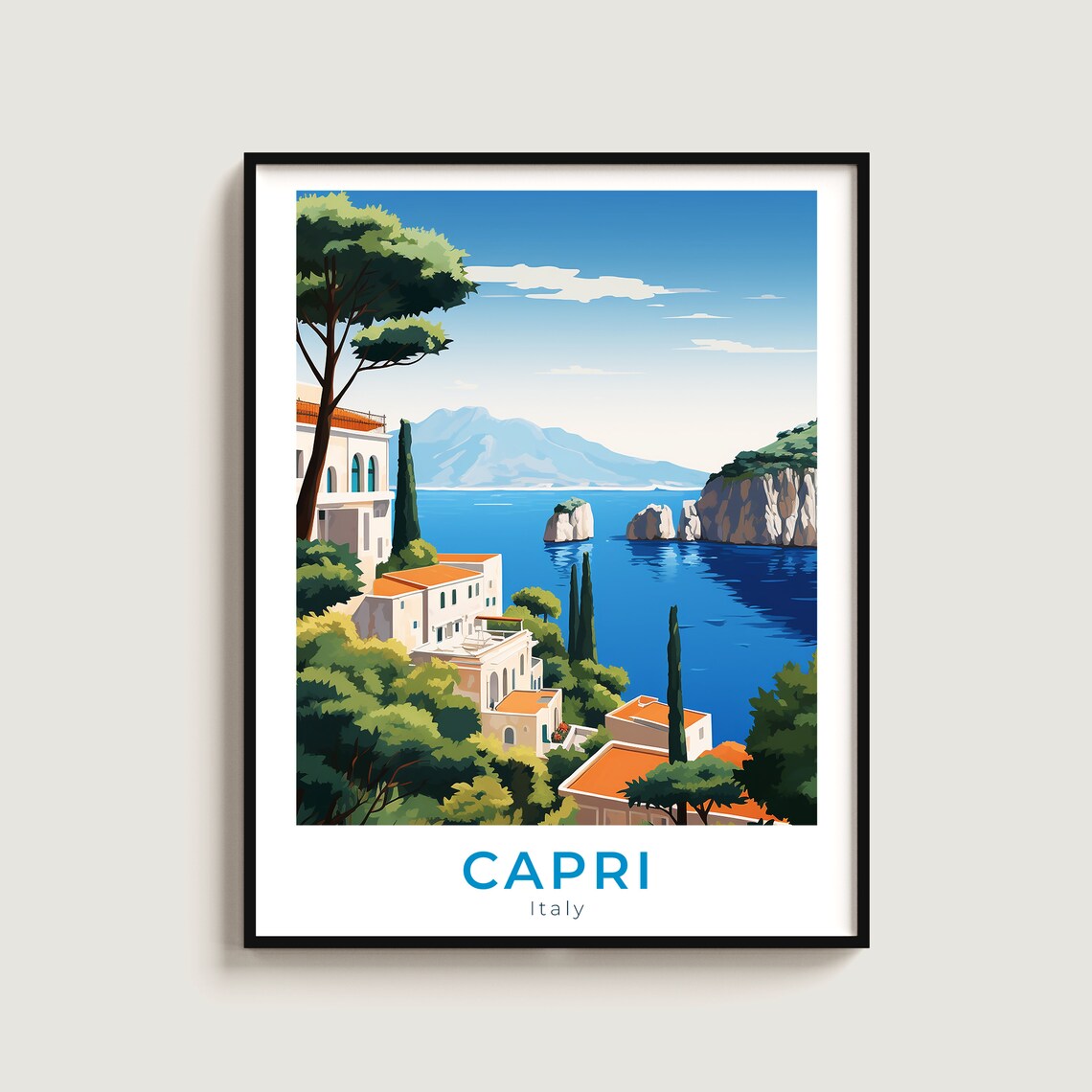 Capri Italy Faraglioni Sea Stacks Villa View Vintage Travel Poster