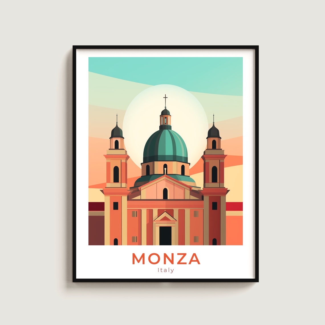 Monza Italy Cathedral Teal Dome Sunset Vintage Travel Poster Art