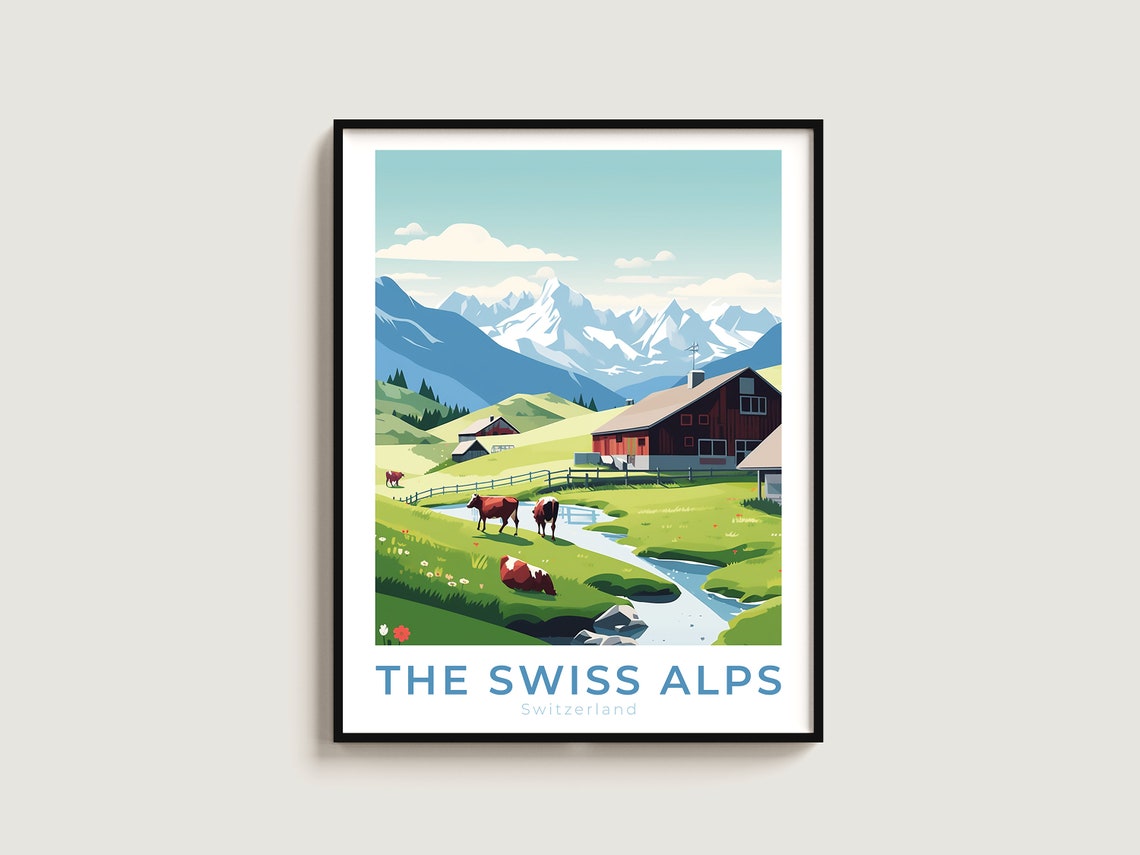 Swiss Alps Mountain Chalet Cows Grazing Alpine Meadow Scene Print
