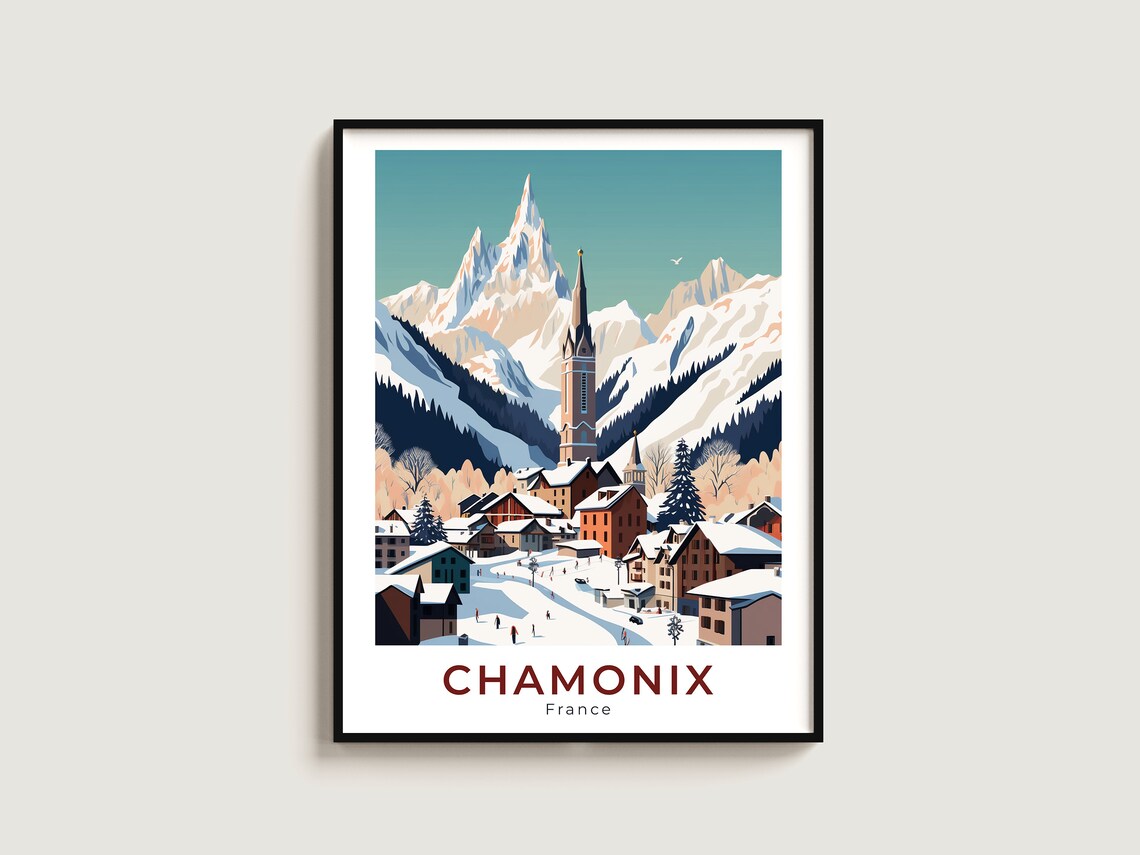 Chamonix France Village Church Sharp Peak Snowy Alpine Town Poster