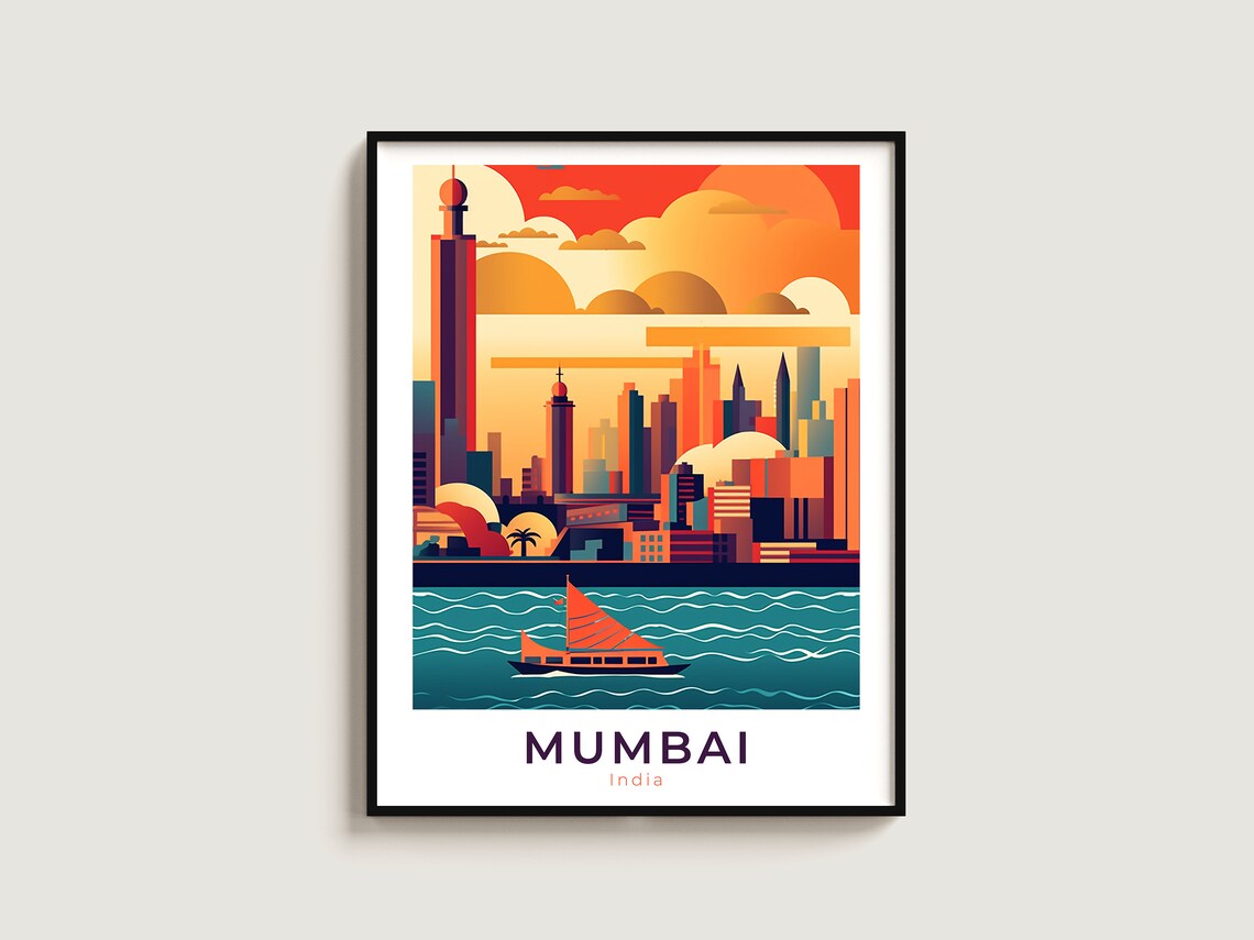 Mumbai India Sunset Skyline Harbor Boat Vintage Travel Poster