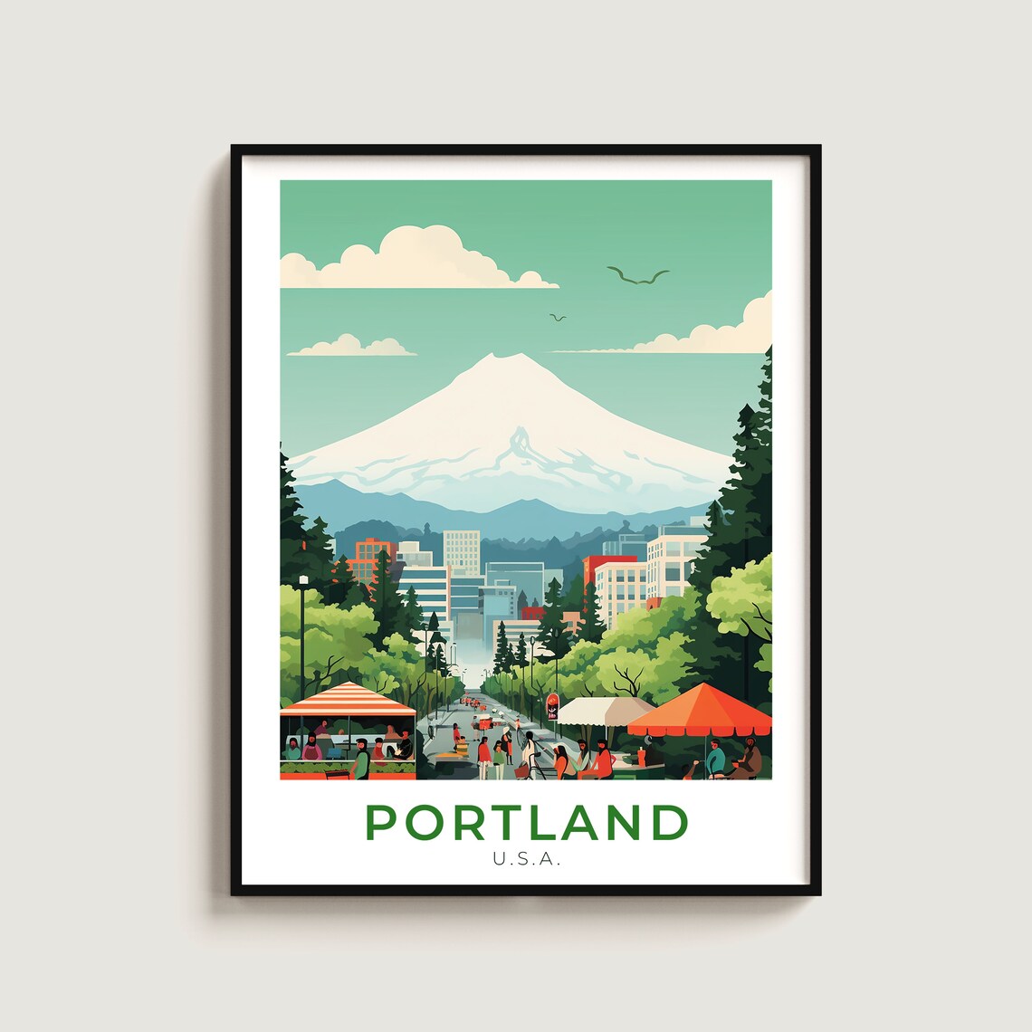 Portland Oregon Mount Hood Street Market Retro Travel Poster