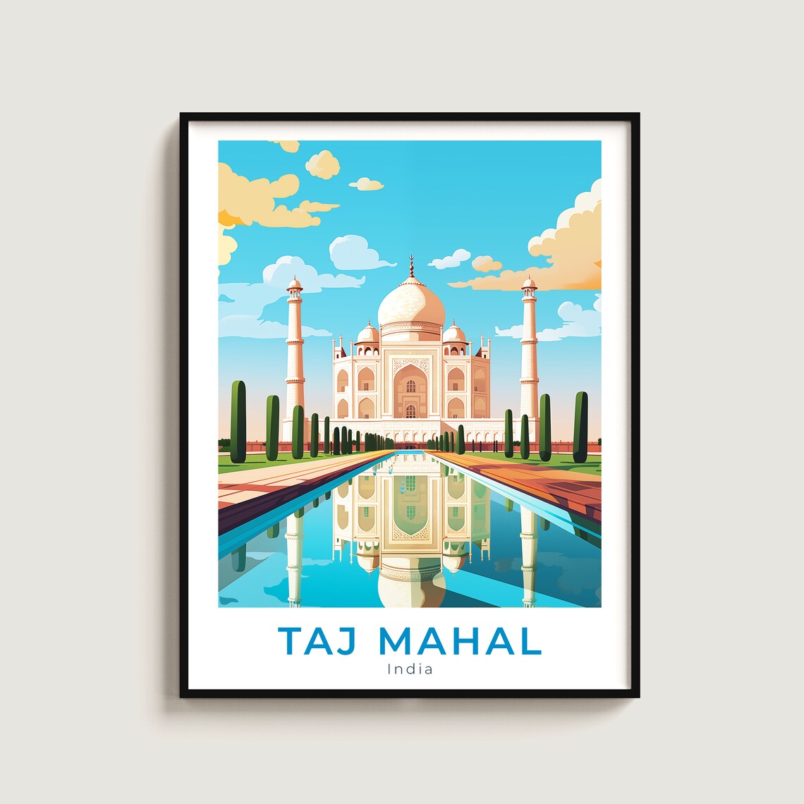 Taj Mahal India Blue Sky Reflecting Pool Garden Travel Poster