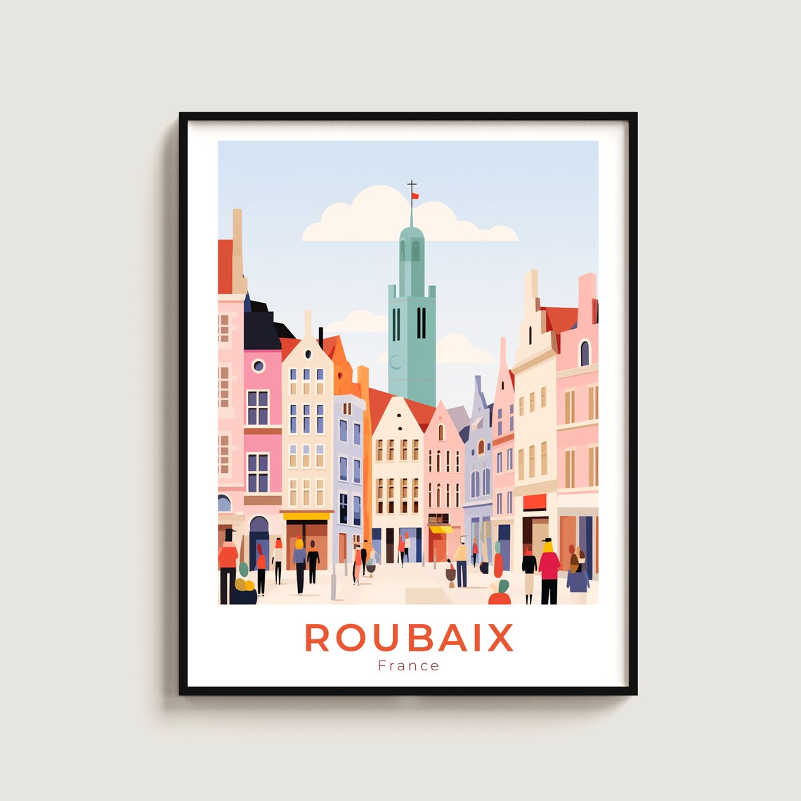 Roubaix France City Street Poster Bell Tower Travel Art Decor