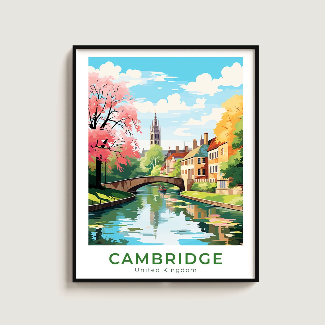 Cambridge United Kingdom River Cam Punting Stone Bridge College Poster