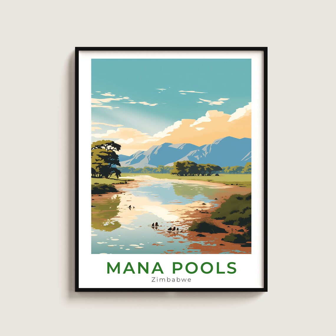 Mana Pools Zimbabwe Zambezi River Hippos Savanna Travel Poster