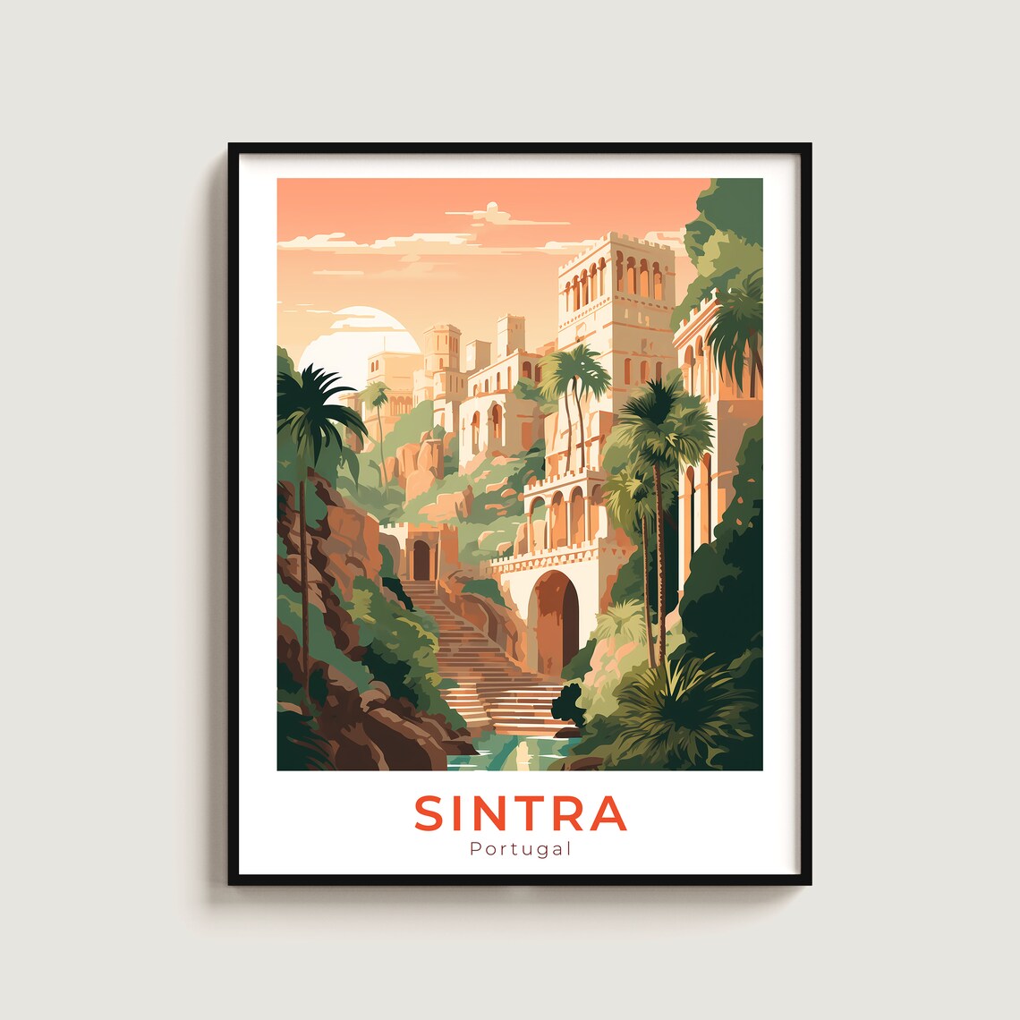 Sintra Portugal Royal Palace Sunset Garden Steps Travel Poster