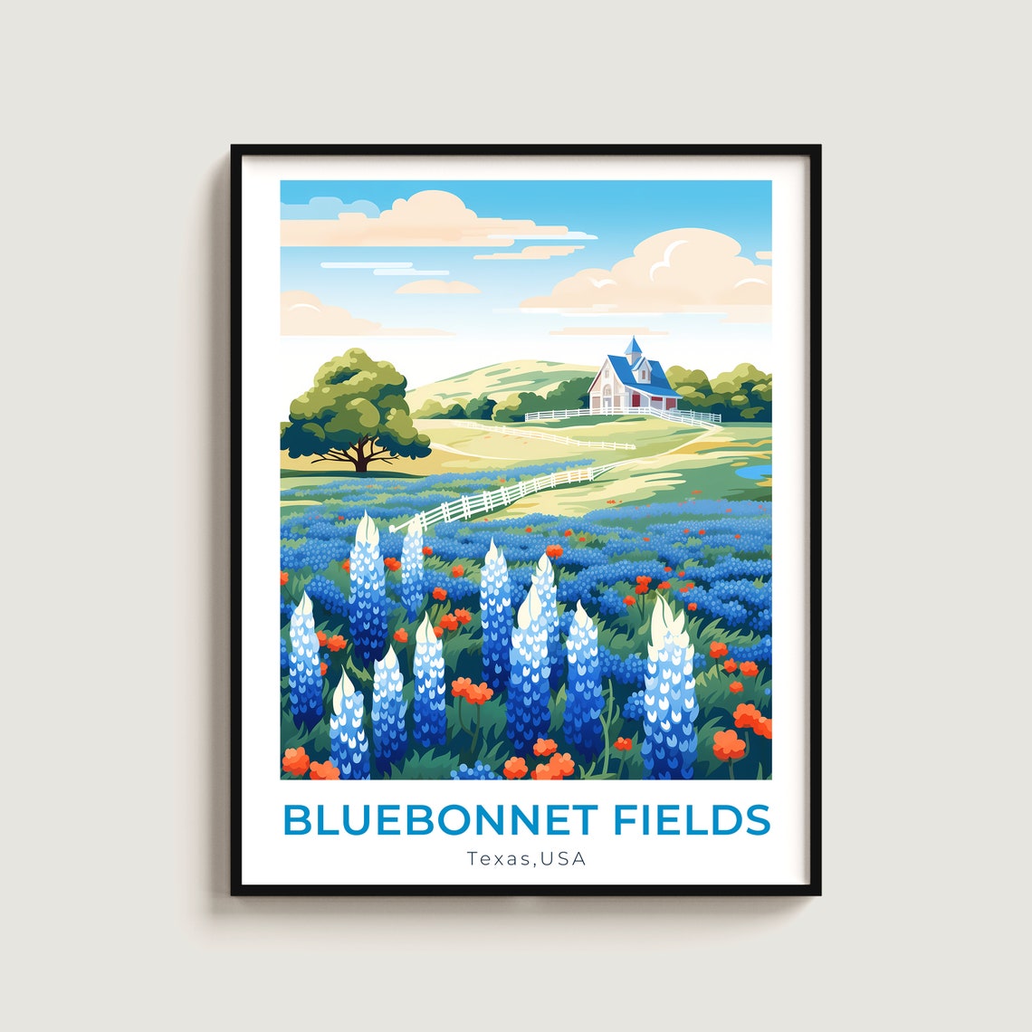 Texas Bluebonnet Fields Wildflower Chapel Hill Travel Poster