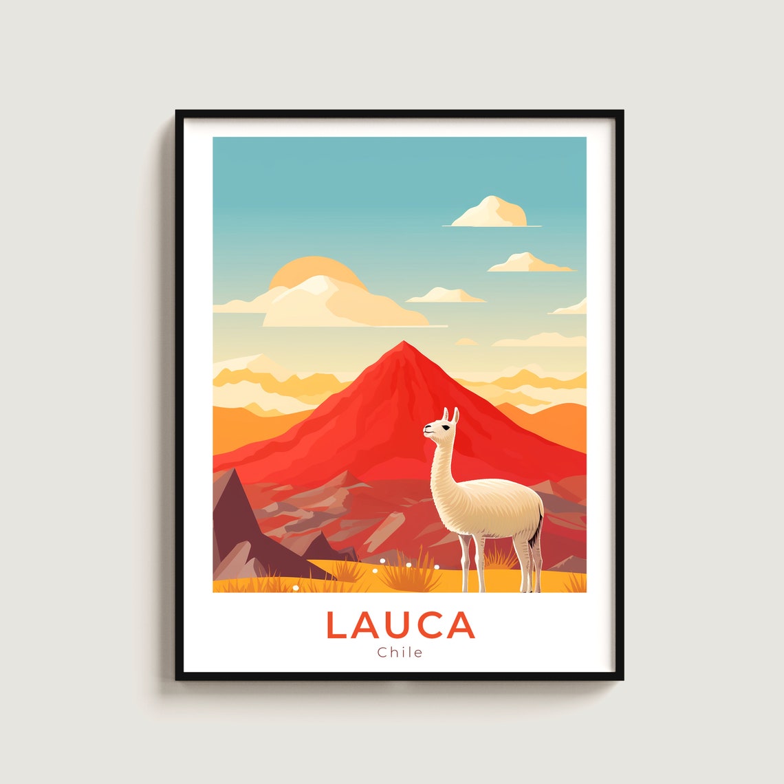 Lauca Chile White Llama Before Red Volcano Sunset Travel Poster