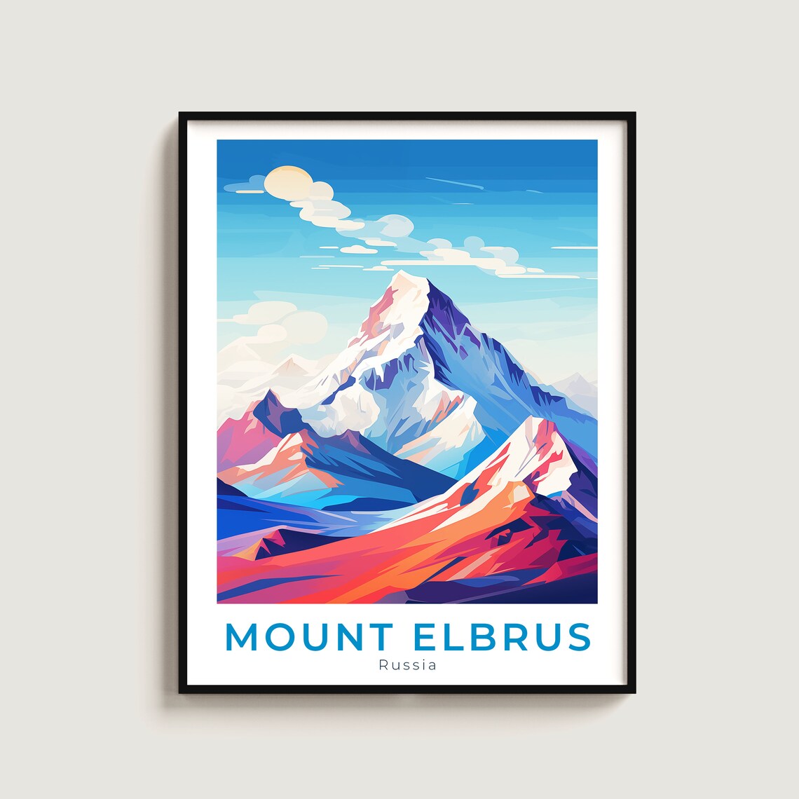 Mount Elbrus Russia Snowy Peaks Geometric Vintage Travel Poster