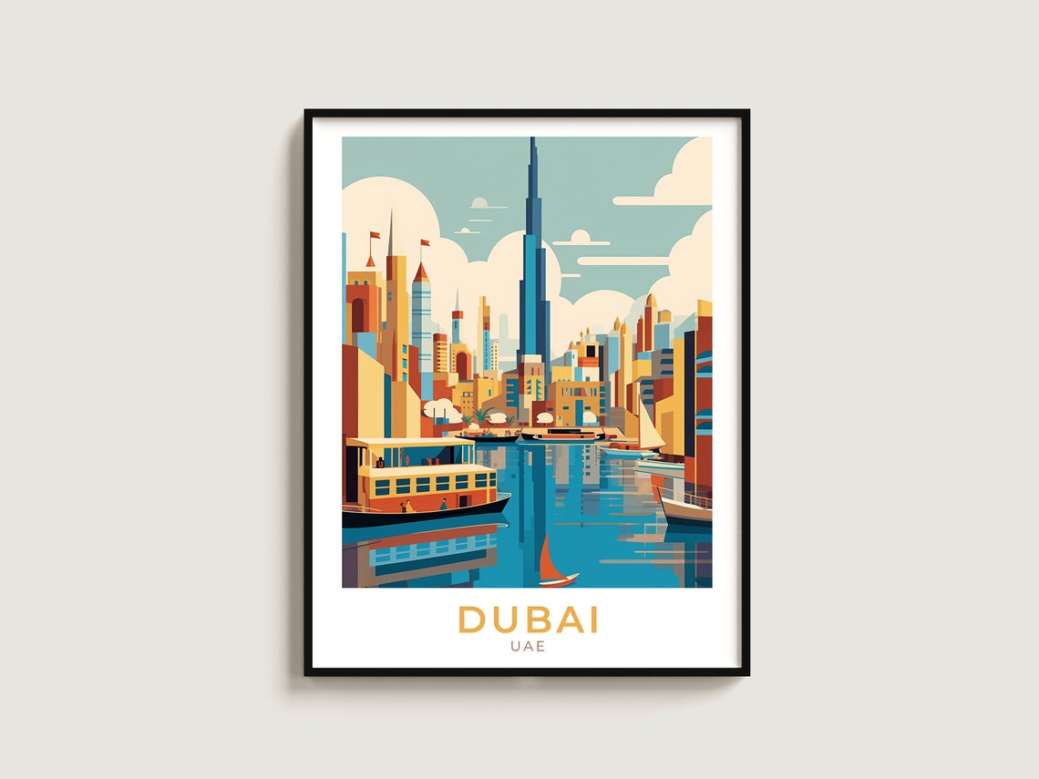 Dubai UAE Creek Waterfront Abra Boat Burj Khalifa Skyline Poster