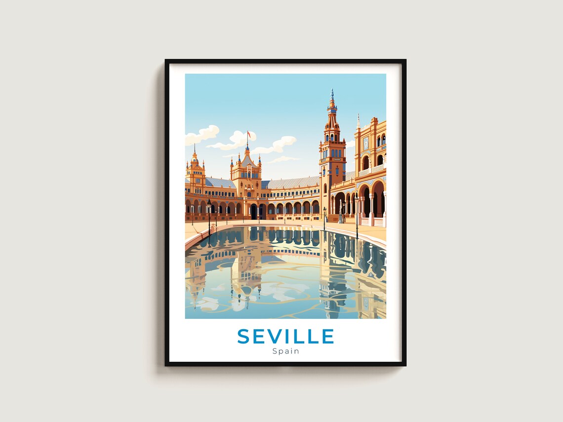 Seville Spain Plaza de Espana Canal Reflection Pavilion Travel Poster