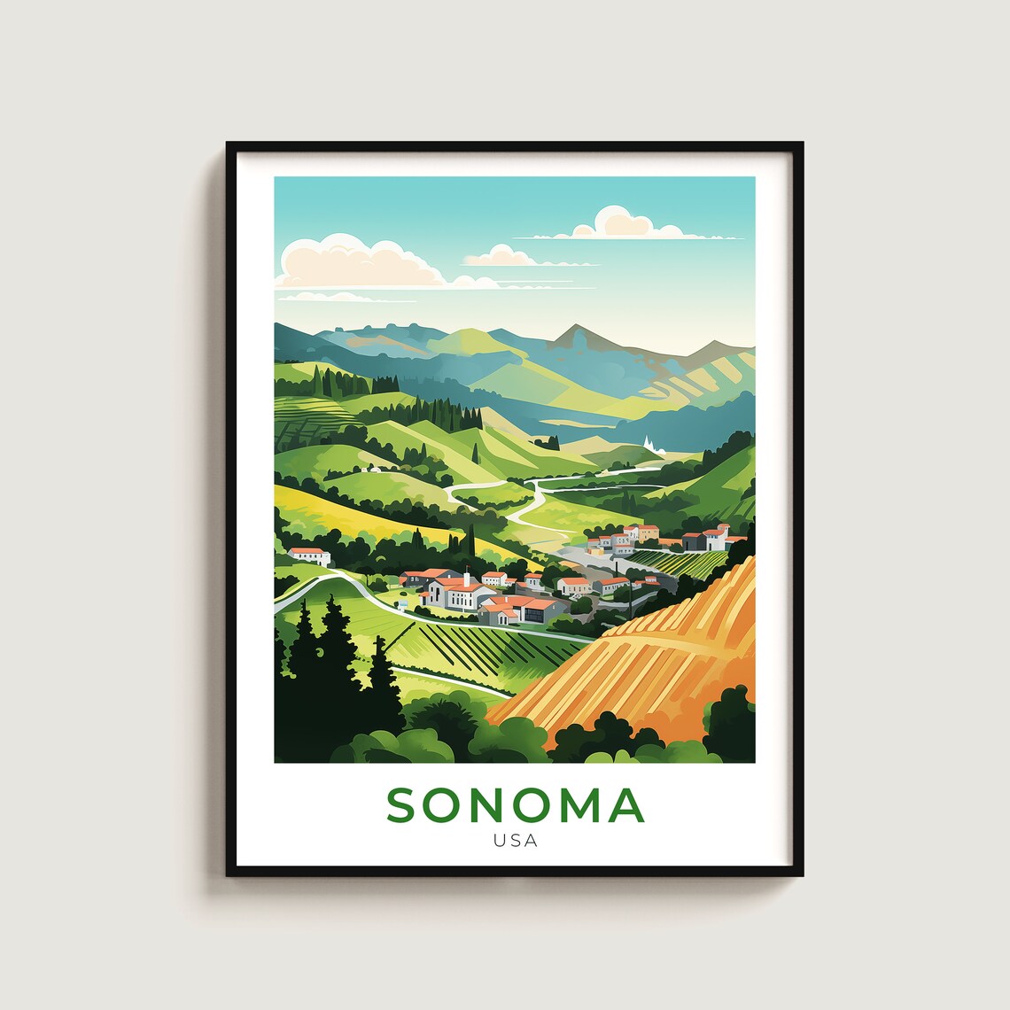Sonoma USA Travel Poster California Wine Country Rolling Hills