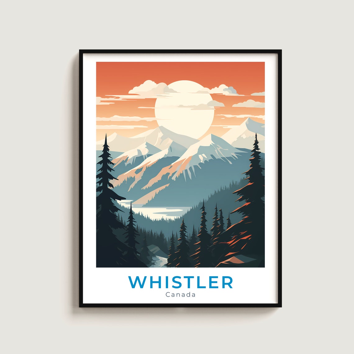 Whistler Canada Snowy Mountain Peaks Pine Forest Sunset Travel Poster
