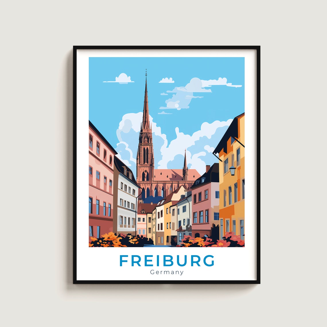 Freiburg Germany Cathedral Spire Colorful Street View Travel Poster