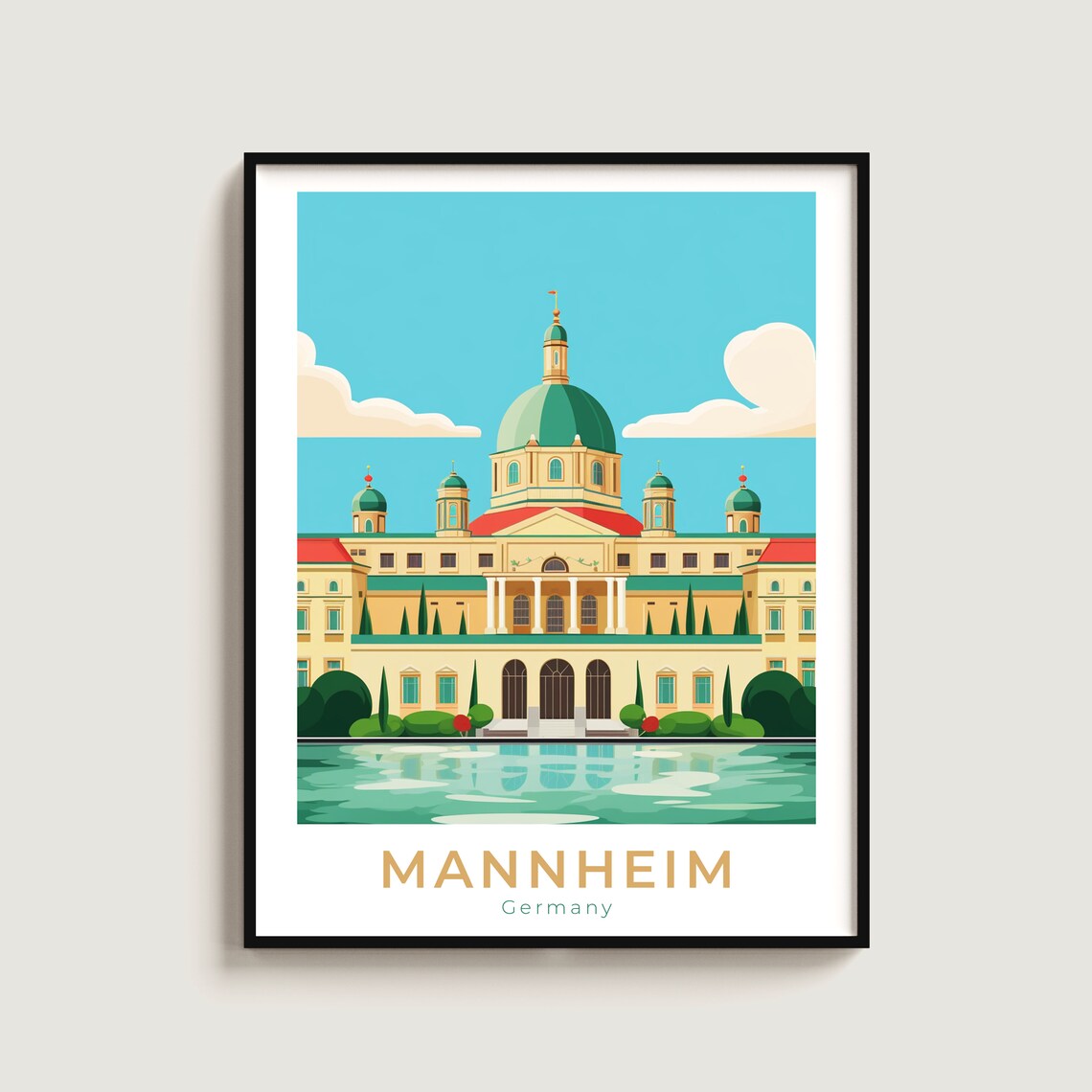 Mannheim Baroque Palace Green Dome Lake Illustrated Travel Poster